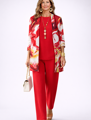 Red 3-piece pants set: printed satin jacket, red top, straight red trousers