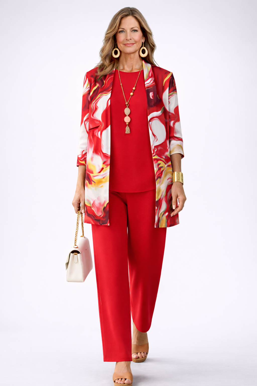 Red 3-piece pants set: printed satin jacket, red top, straight red trousers