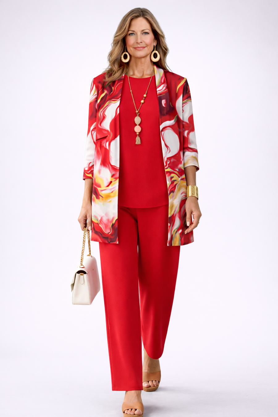 Red 3-piece pants set: printed satin jacket, red top, straight red trousers
