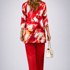 Red 3-piece pants set: back view of printed jacket with gold cuffs and red trousers