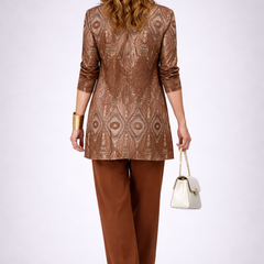 Brown 3-piece outfit set: patterned bronze blazer and brown wide-leg pants, back view