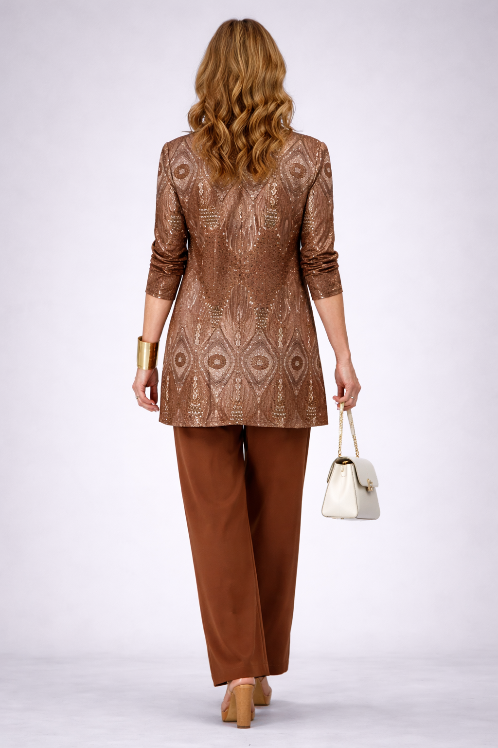 Brown 3-piece outfit set: patterned bronze blazer and brown wide-leg pants, back view