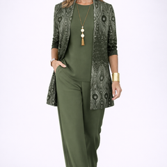 Green women's 3-piece set: front tunic with long open patterned jacket and tailored pants