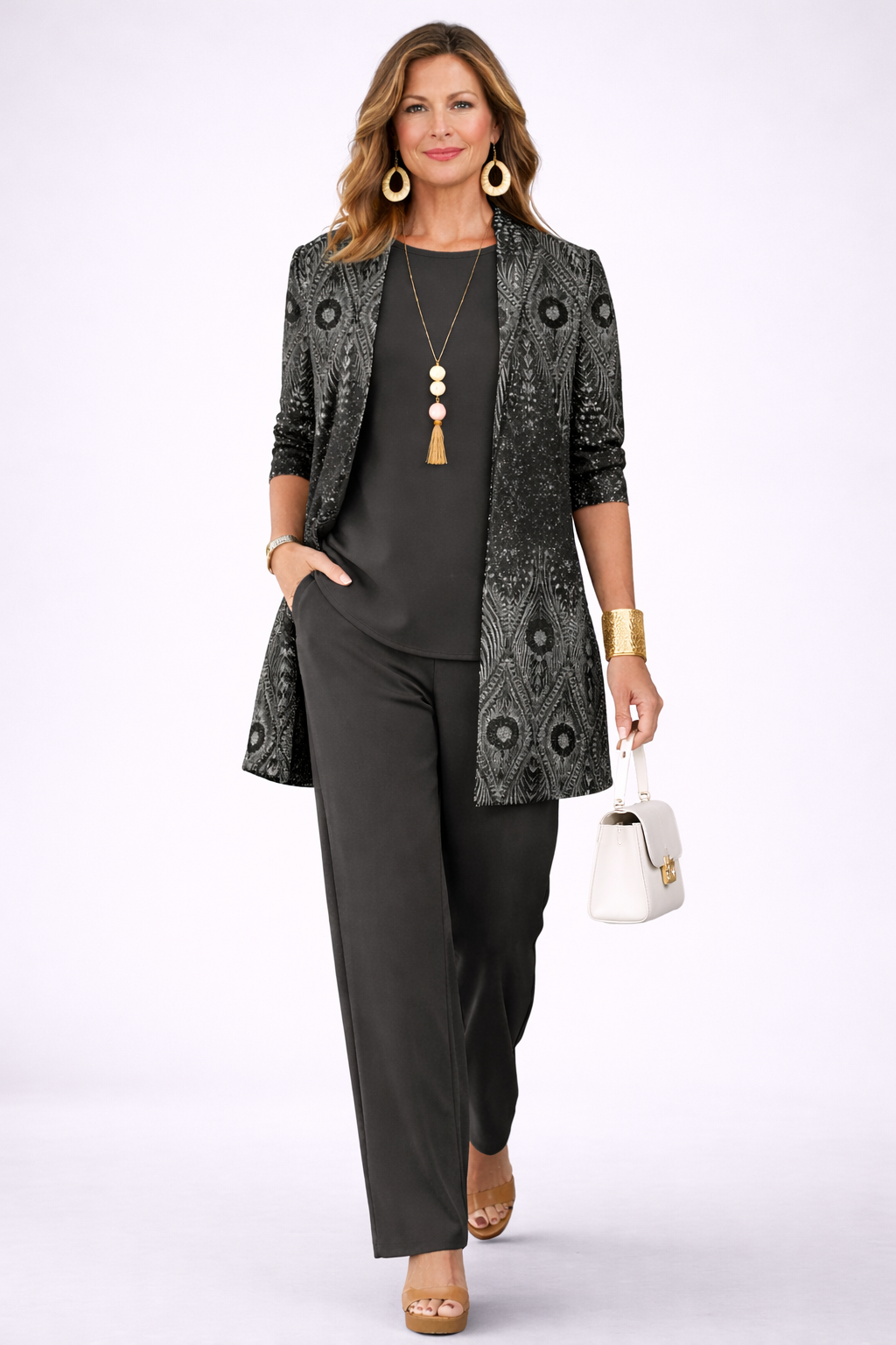 Women's black 3-piece set with patterned 3/4-sleeve jacket, draped top, and pants