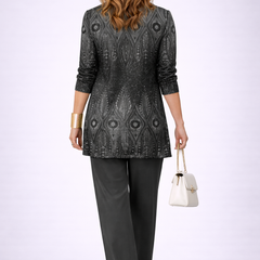 Women's black 3-piece set with patterned back jacket, draped top, and ankle-length pants