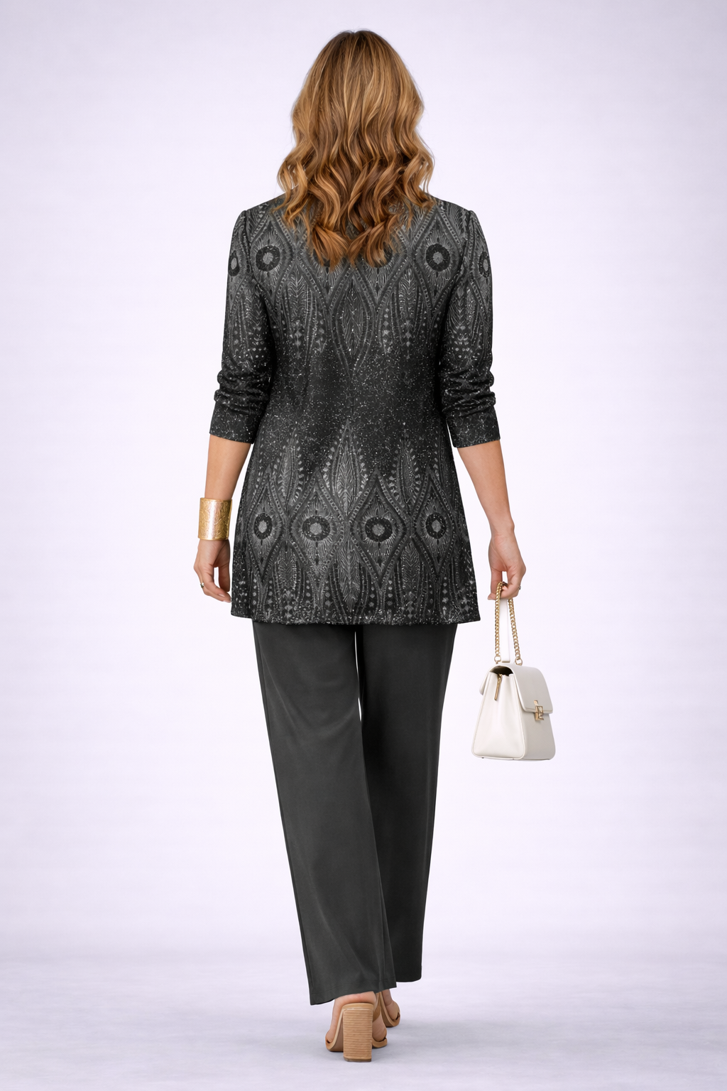 Women's black 3-piece set with patterned back jacket, draped top, and ankle-length pants