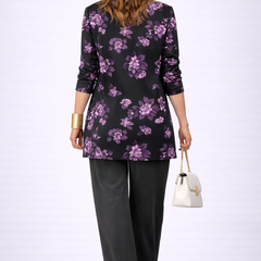 Back view: black floral 3/4-sleeve cardigan over black trousers, three-piece set