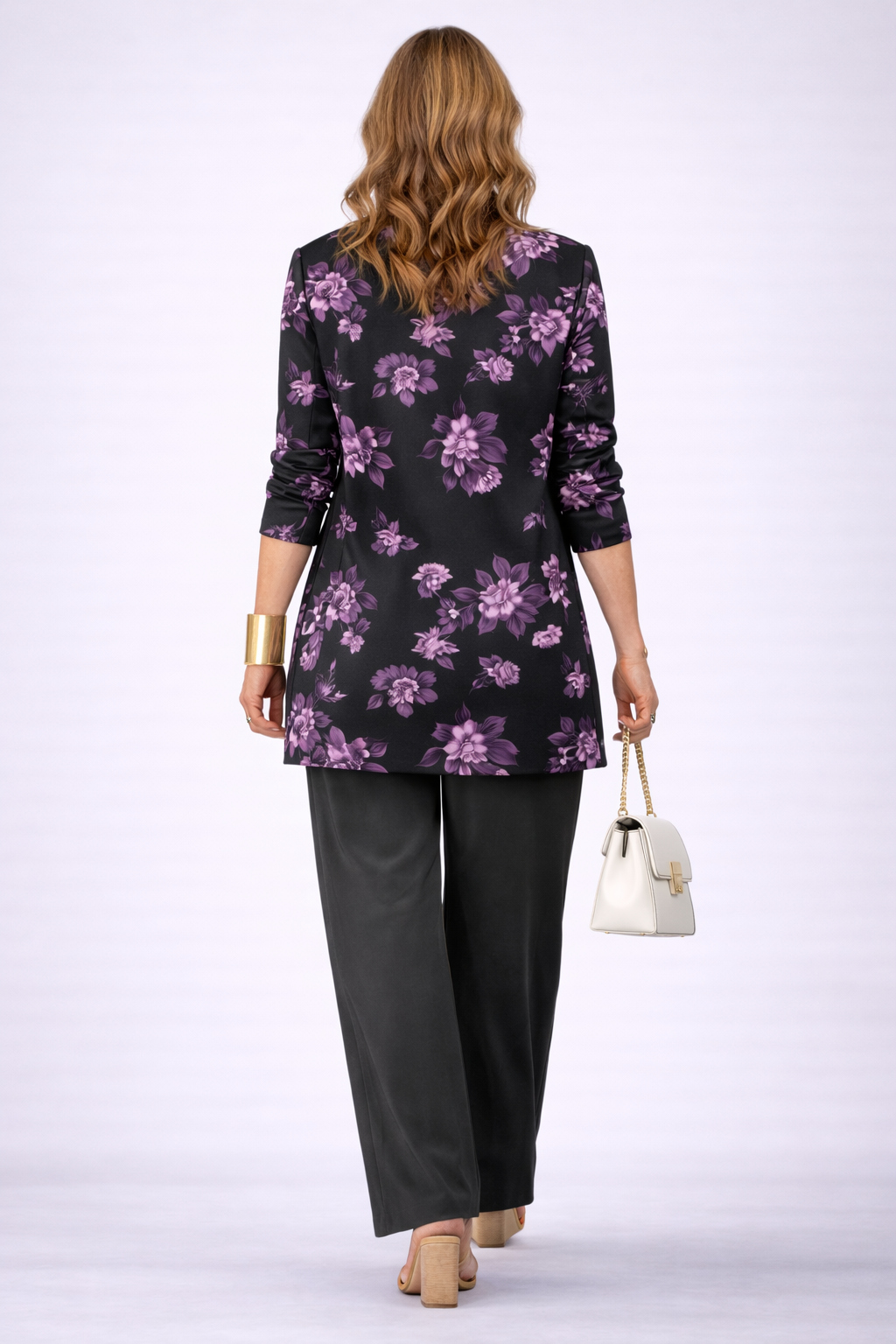 Back view: black floral 3/4-sleeve cardigan over black trousers, three-piece set