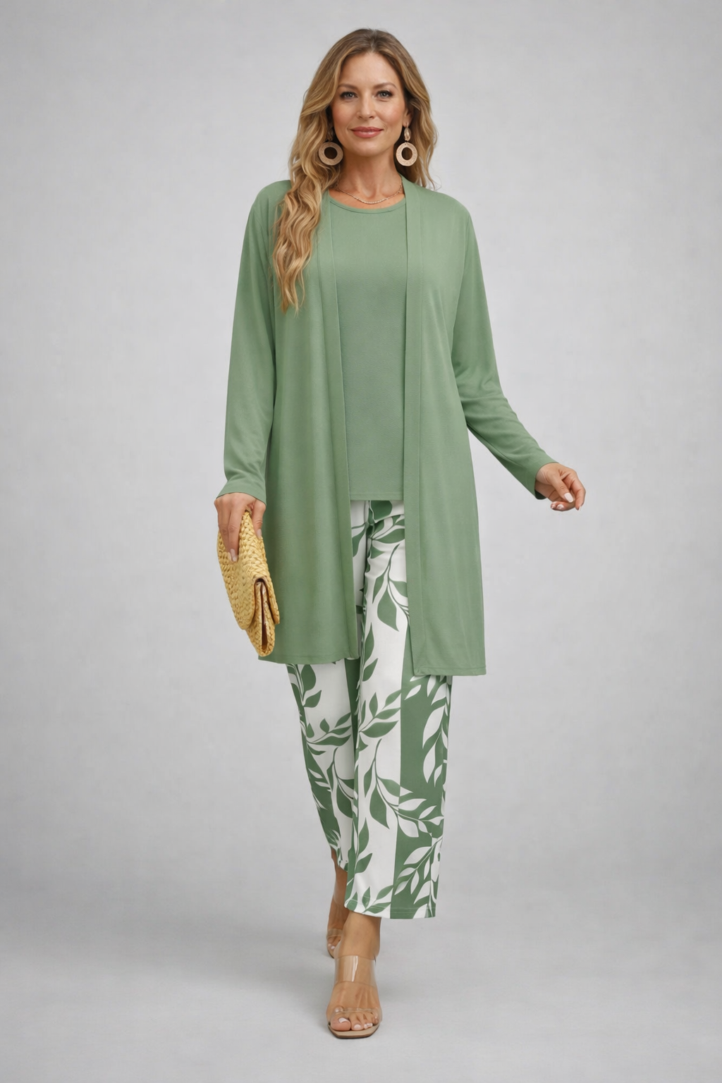 Mint green long tunic with round neck and leaf-print trousers set
