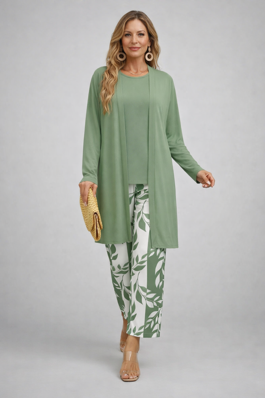 Mint green long tunic with round neck and leaf-print trousers set