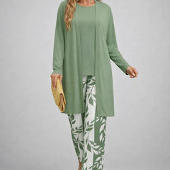 Sage green 3-piece outfit with long tunic jacket, matching top, and leaf-print pants