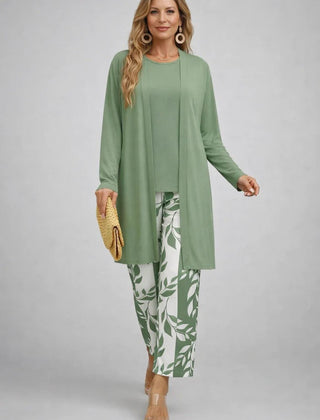 Sage green 3-piece outfit with long tunic jacket, matching top, and leaf-print pants