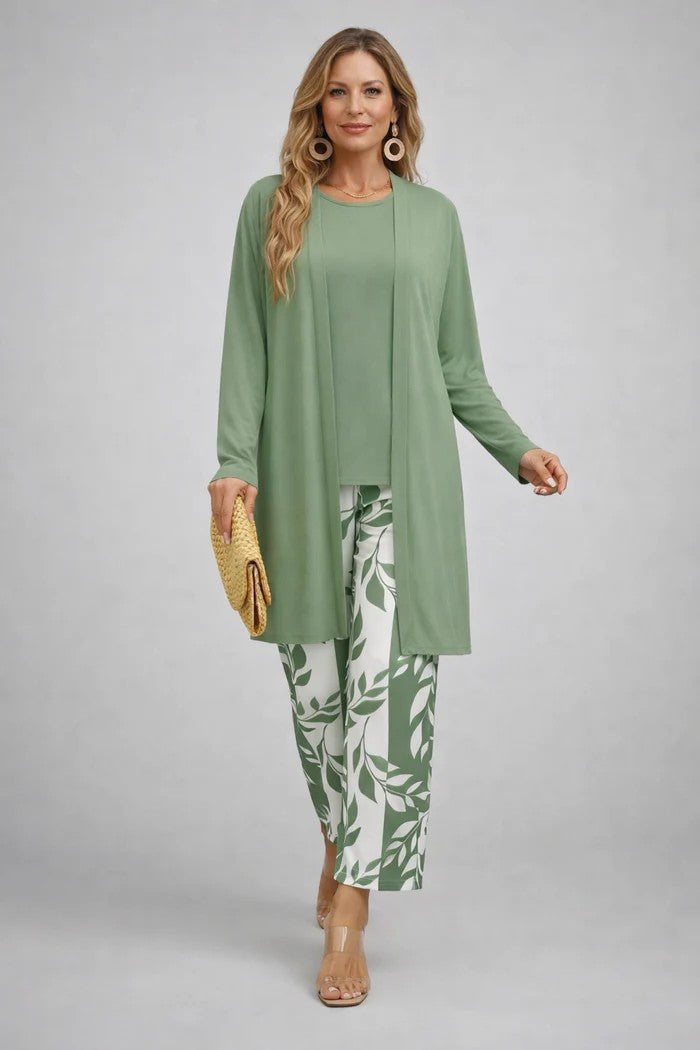 Sage green 3-piece outfit with long tunic jacket, matching top, and leaf-print pants