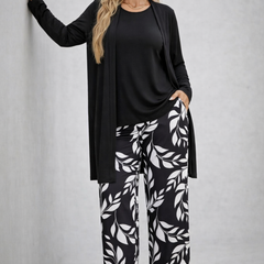 Eponine black 3-piece set with long cardigan, top, and leaf-print pants