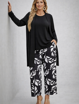 Eponine black 3-piece set with long cardigan, top, and leaf-print pants