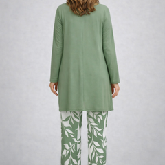 Mint green long tunic and back view leaf-print trousers set