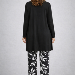 Black 3-piece set with long cardigan and leaf-print pants, back view