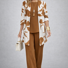 Esmeray 3-piece set: leaf-print longline top, solid brown camisole, brown trousers
