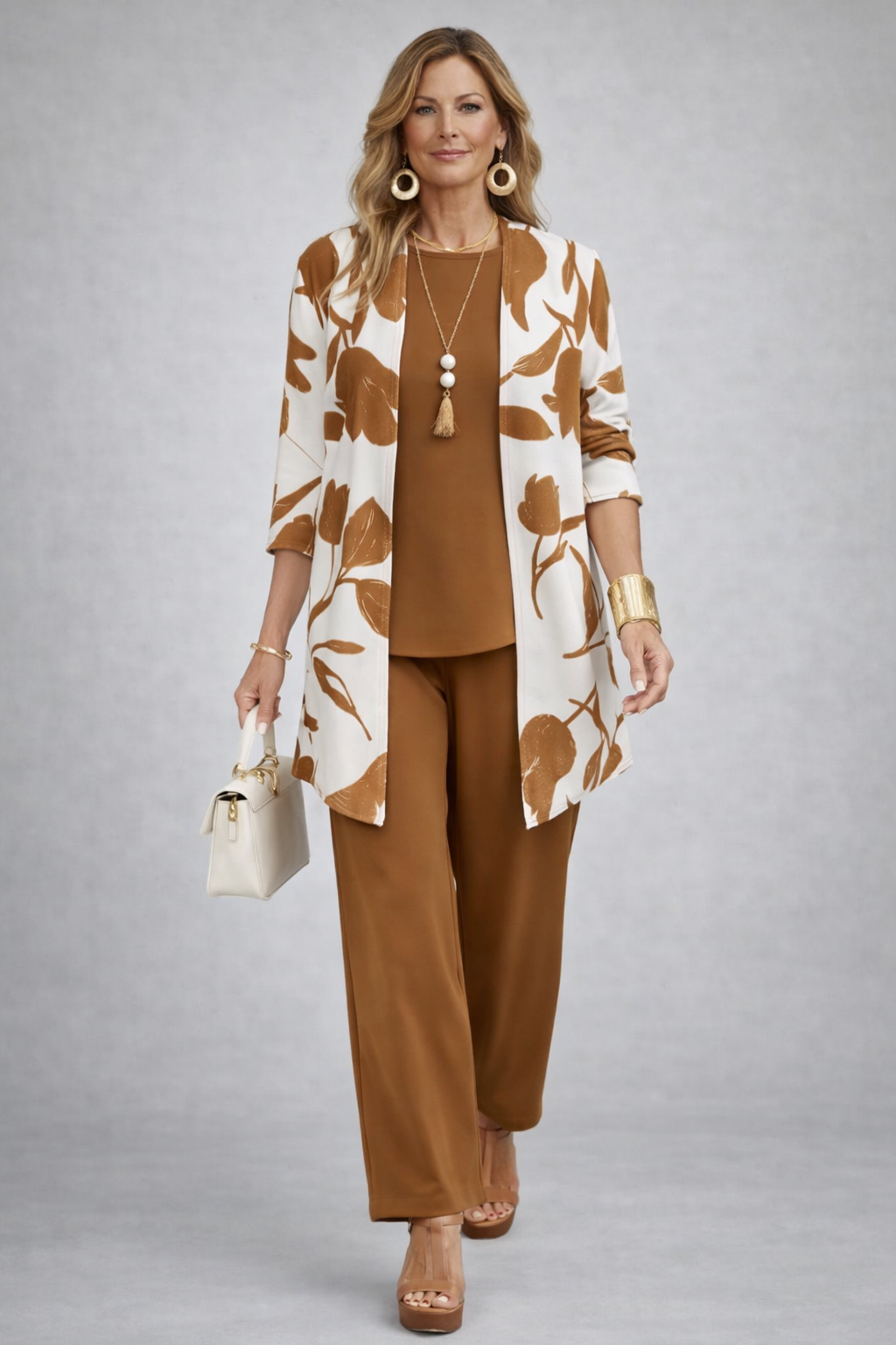 Esmeray 3-piece set: leaf-print longline top, solid brown camisole, brown trousers