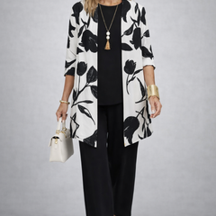 Etheline 3-piece set: black top, black trousers, black-and-white floral open jacket