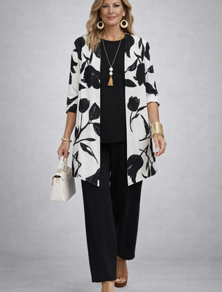 Etheline 3-piece set: black top, black trousers, black-and-white floral open jacket