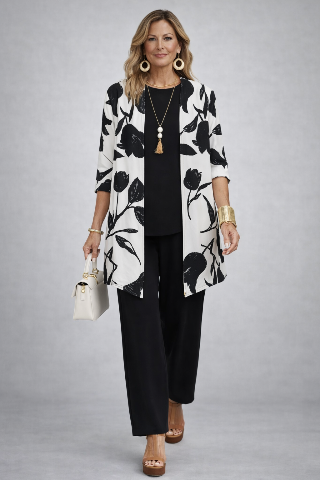 Etheline 3-piece set: black top, black trousers, black-and-white floral open jacket