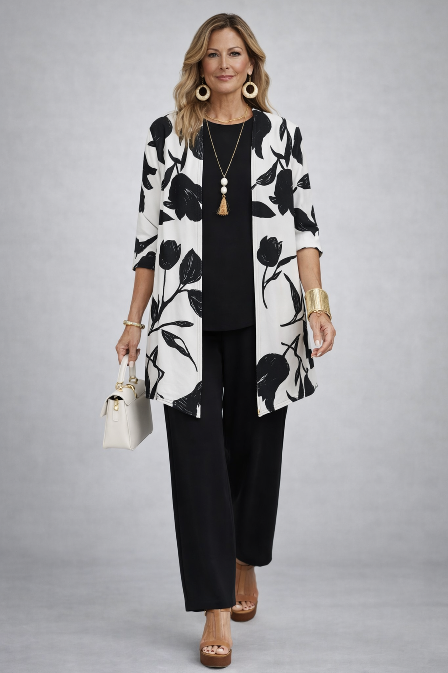 Etheline 3-piece set: black top, black trousers, black-and-white floral open jacket