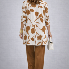 Esmeray 3-piece set: back view leaf-print longline top with brown trousers
