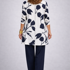 Women’s navy pants set with white floral back jacket panel and navy top