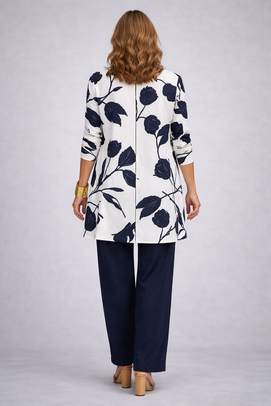 Women’s navy pants set with white floral back jacket panel and navy top