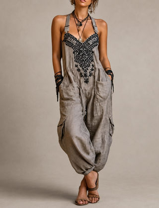 Boho harem overalls with halter straps, embroidered front bib, dark pocket detailing
