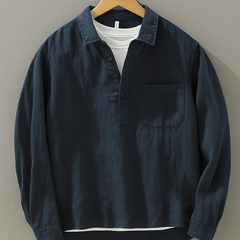 Navy long-sleeve collar shirt with front button placket and chest pocket
