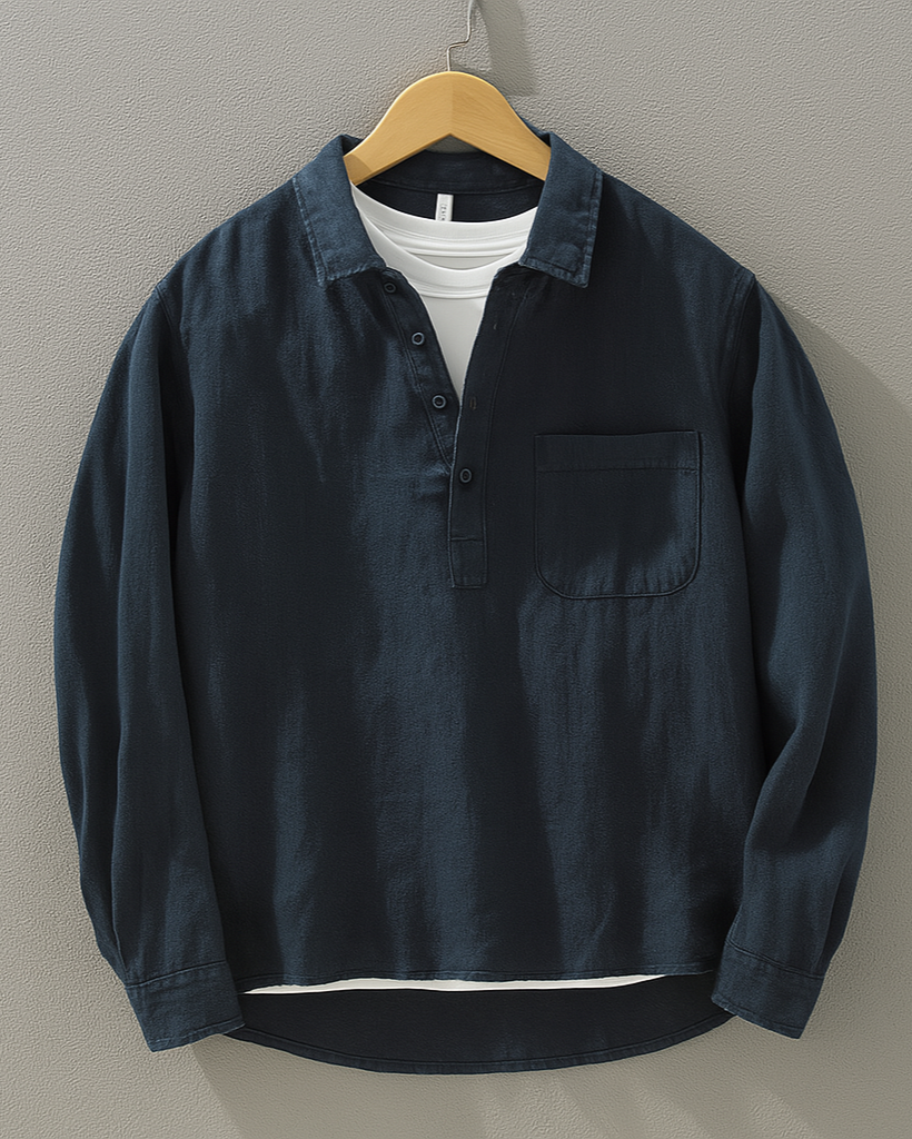 Navy long-sleeve collar shirt with front button placket and chest pocket