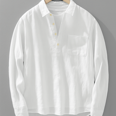 White long-sleeve collar shirt with front button placket and chest pocket