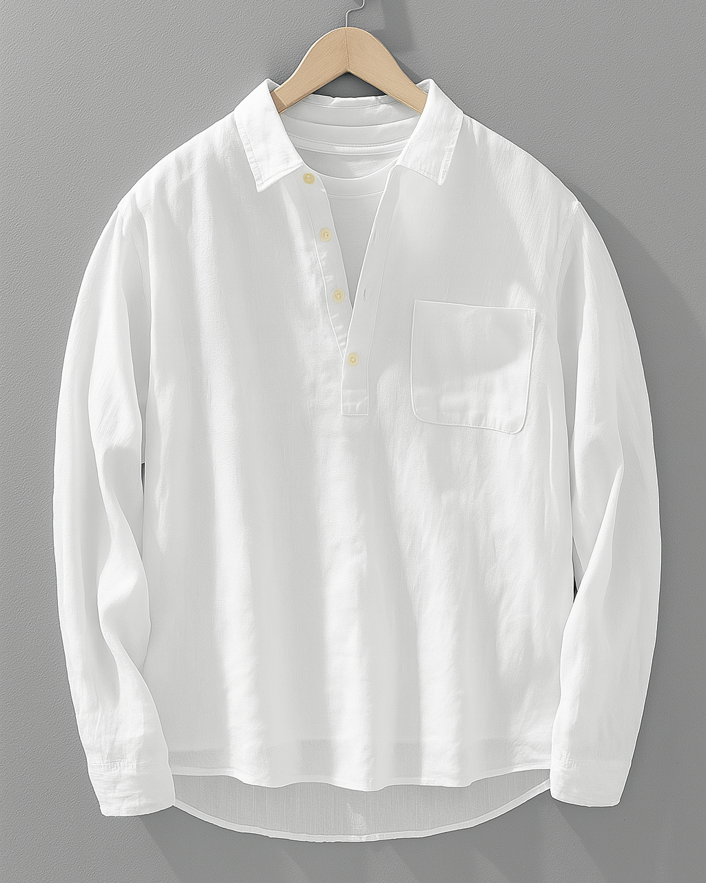 White long-sleeve collar shirt with front button placket and chest pocket