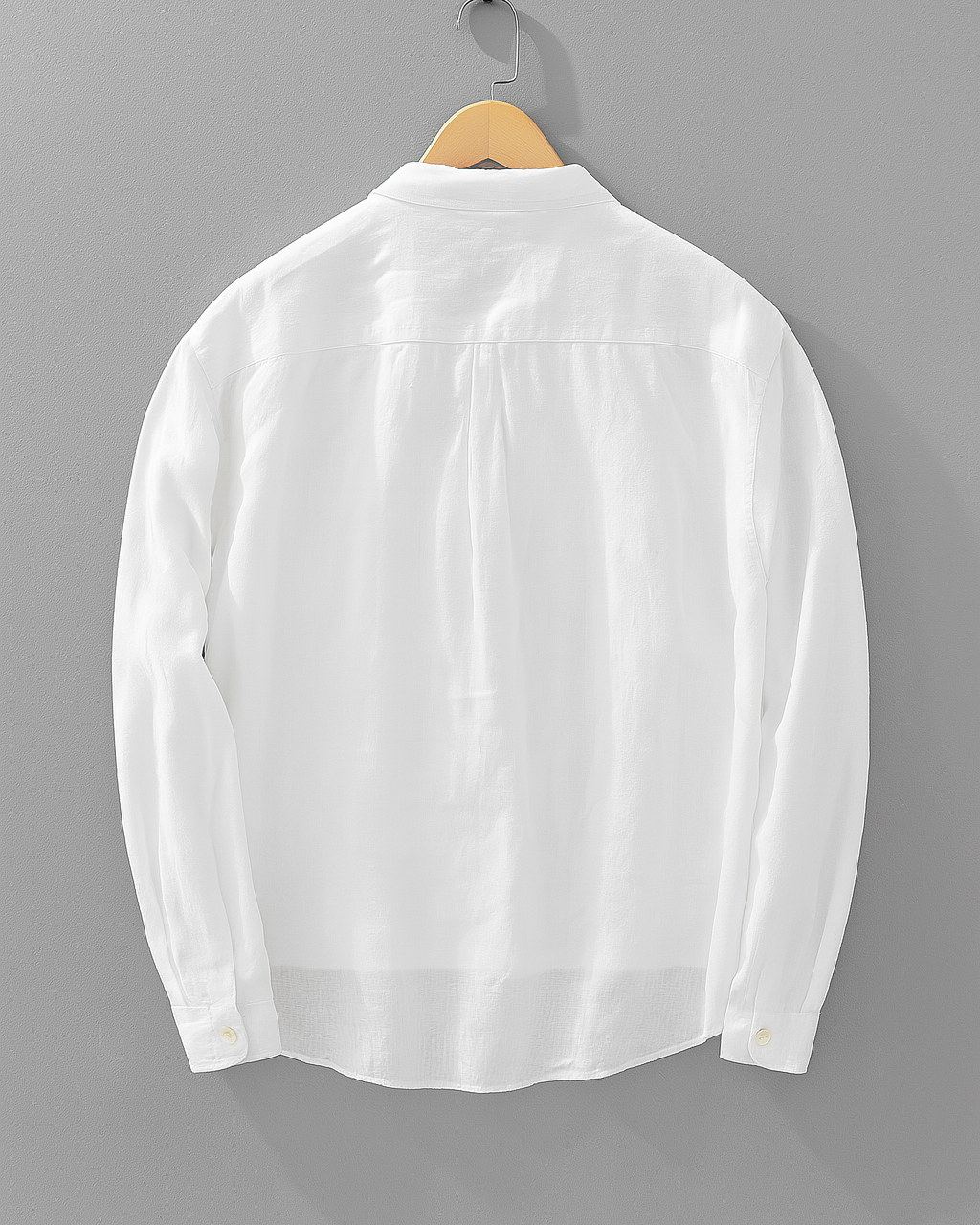 White collar shirt back view with long sleeves and button placket