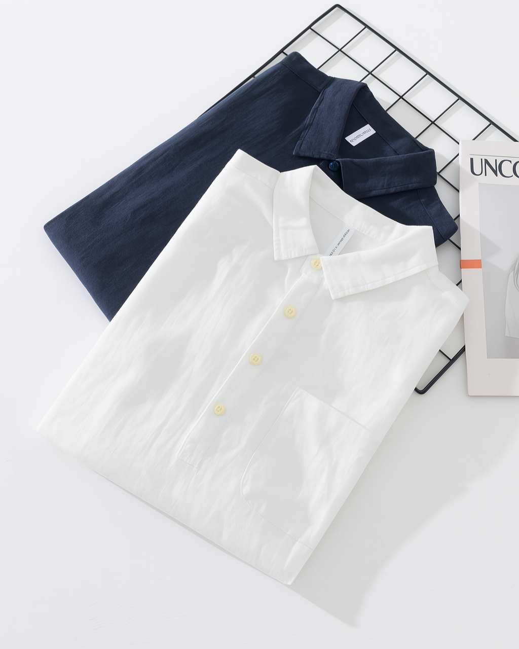 Two-pack collared button-up shirts: navy and white, long sleeves