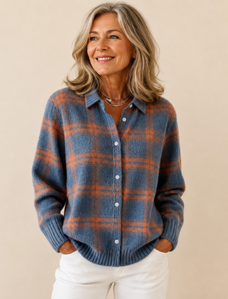 Blue plaid button-up cardigan with front buttons and long sleeves