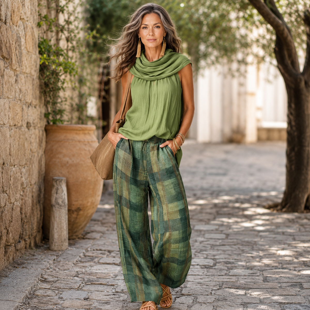 Relaxed set with olive cowl tunic and green plaid wide-leg pants, sleeveless