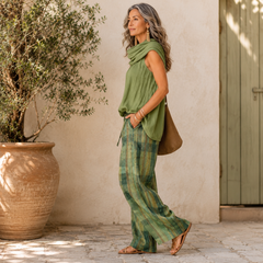 Olive sleeveless cowl tunic and green plaid wide-leg pants, relaxed matching set