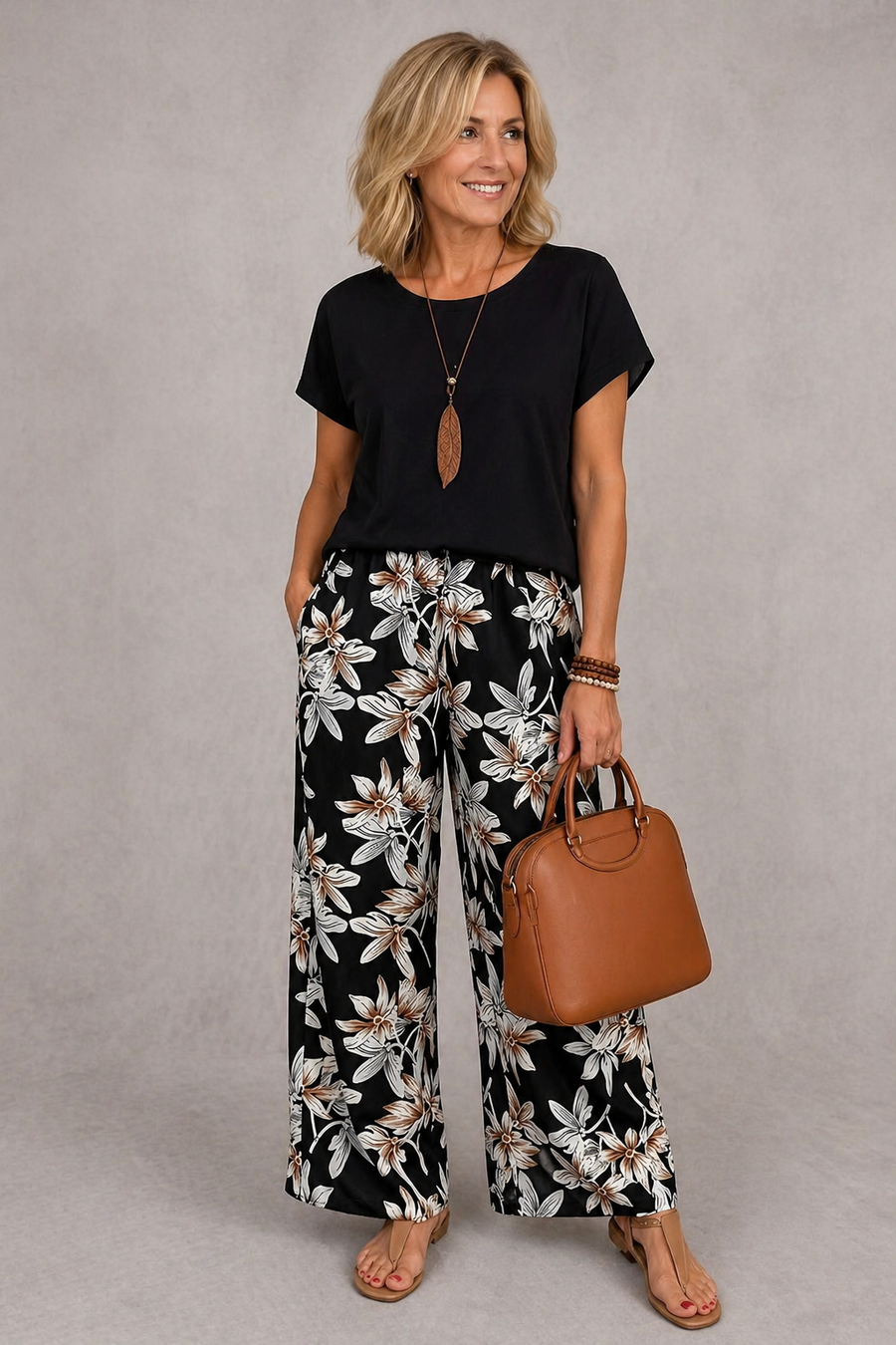 Black short-sleeve top and black floral wide-leg pants set