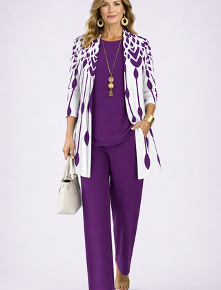 3-piece women's set: purple top and trousers, white-and-purple open-front jacket