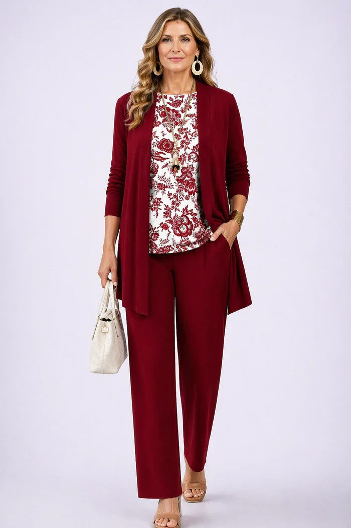 Burgundy 3-piece outfit with long cardigan, white floral blouse, and matching trousers