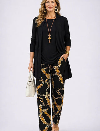 Black 3-piece set with open long cardigan, solid top, and gold chain-print pants