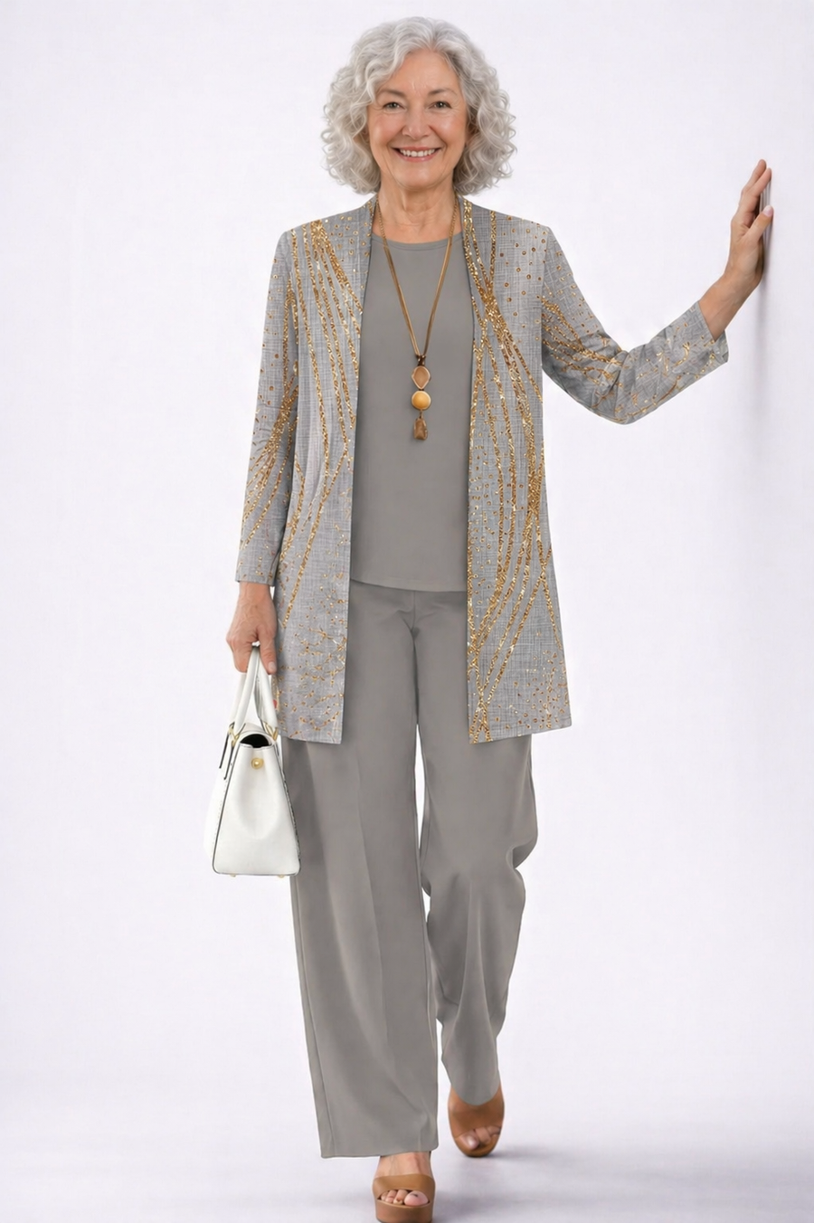 3-piece set: open blue-gold marble cardigan, gray top and matching pants