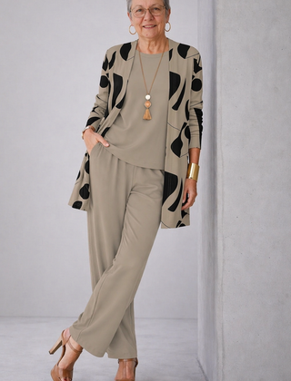Taupe 3-piece set with printed black open cardigan, matching top and wide-leg pants