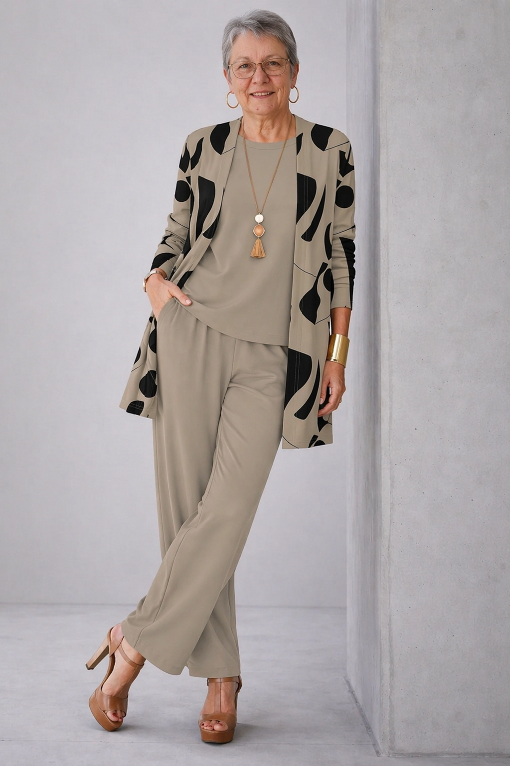 Taupe 3-piece set with printed black open cardigan, matching top and wide-leg pants