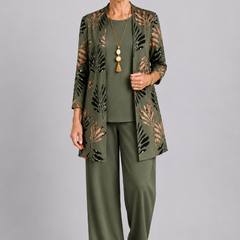 Olive 3-piece set with leaf print jacket, matching top, and straight-leg pants