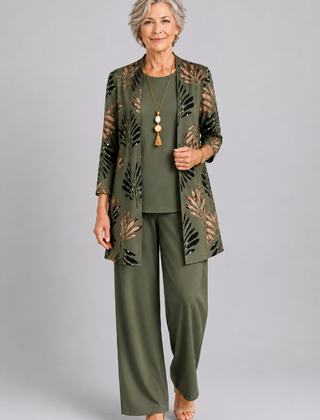 Olive 3-piece set with leaf print jacket, matching top, and straight-leg pants