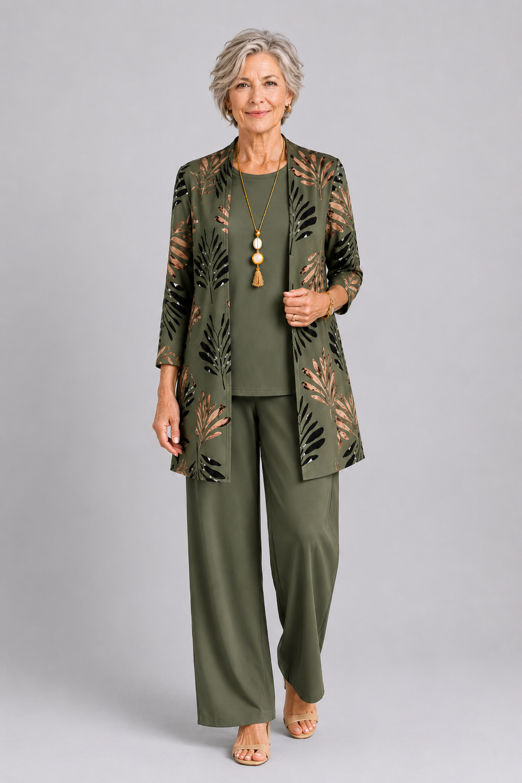 Olive 3-piece set with leaf print jacket, matching top, and straight-leg pants